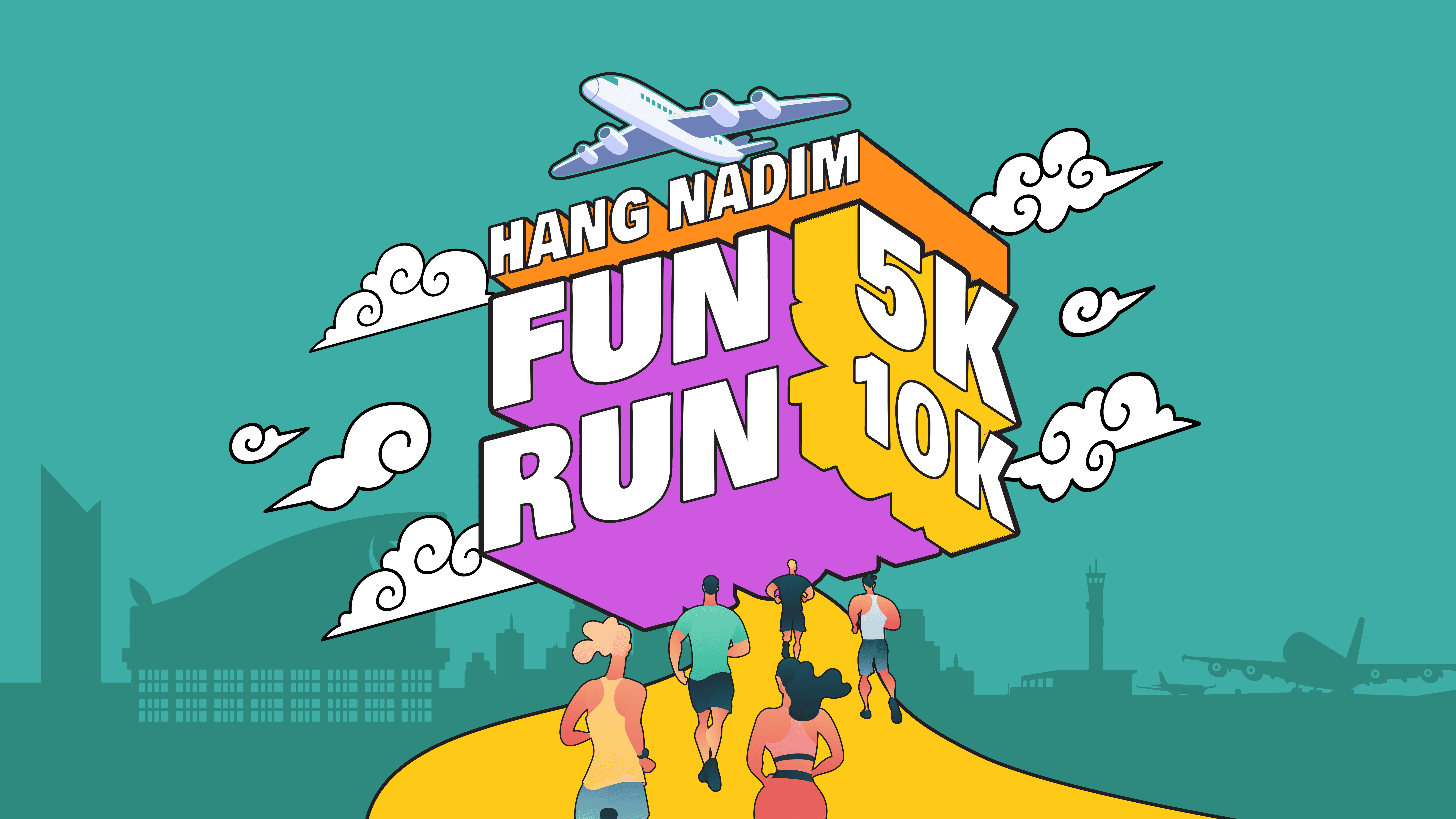 Ilustrasi runway kuning dengan elemen bandara dan langit biru.